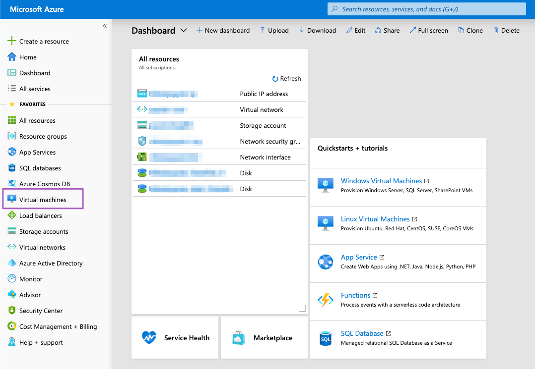 Virtual machines on Azure portal