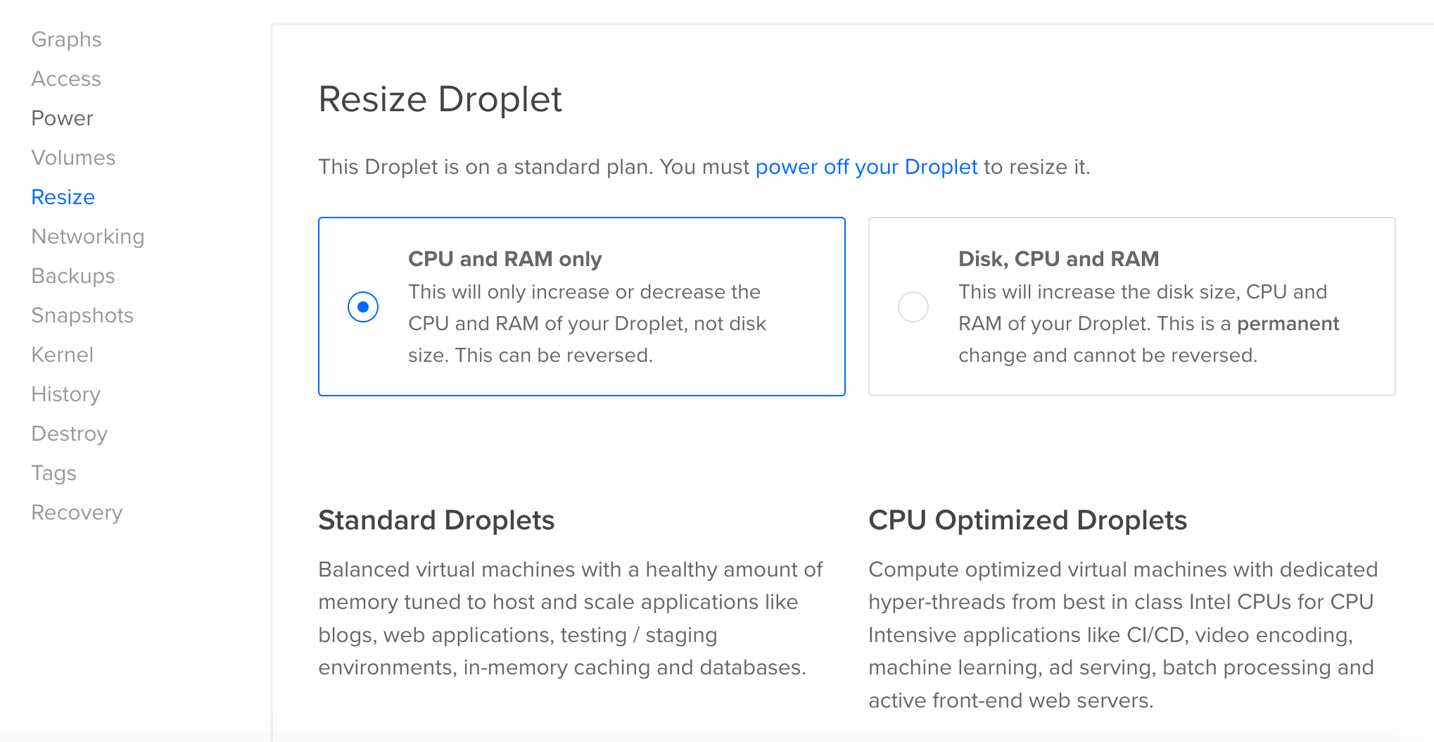 Resize panel of digital ocean