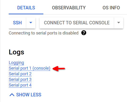 Serial port 1 (console) under Logs heading